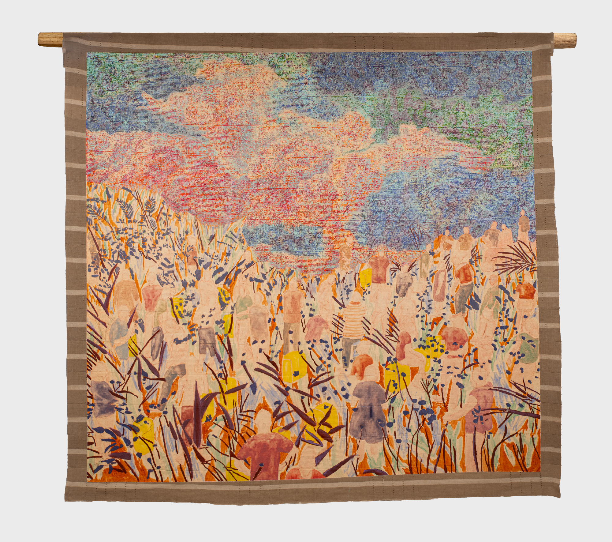 painting of flowery field with clouds above, figures carry yellow containers