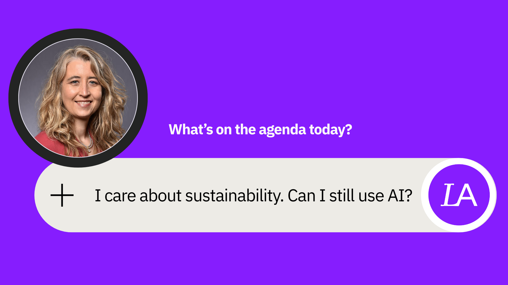 Text box asking about sustainability impact of AI plus photograph of guest