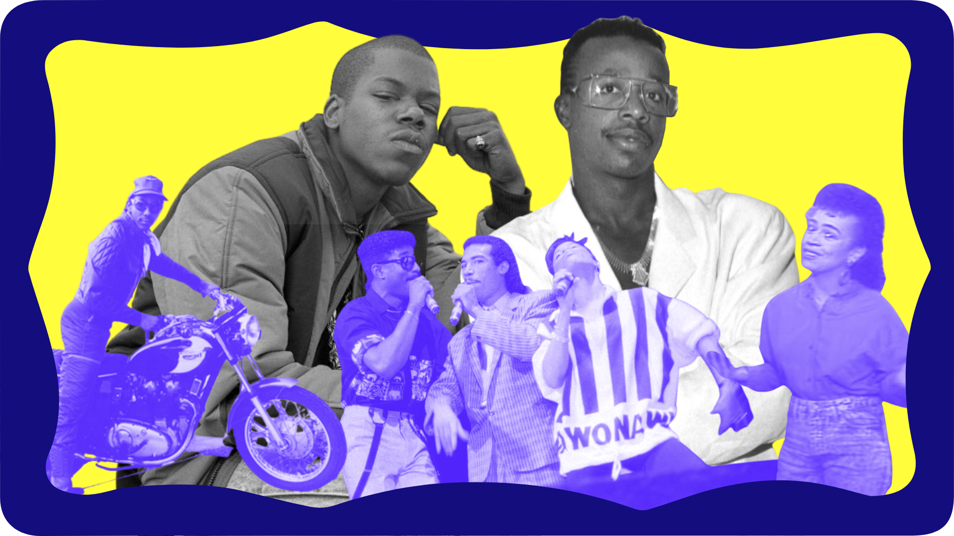 A collage of 1980s hip-hop figures